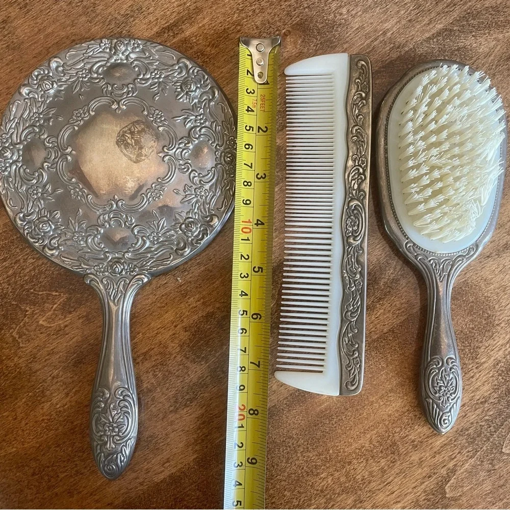 Vintage Art Deco Silver Plate Vanity Set w/Hand Mirror, Comb, and Handled Brush